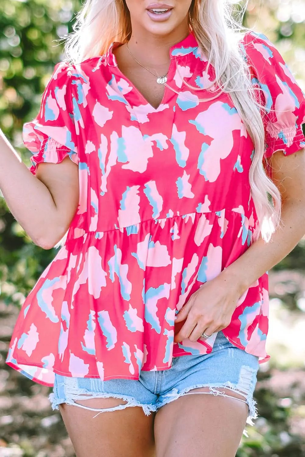 Rose Abstract Print Smocked Puff Sleeve V Neck Blouse - Love Salve